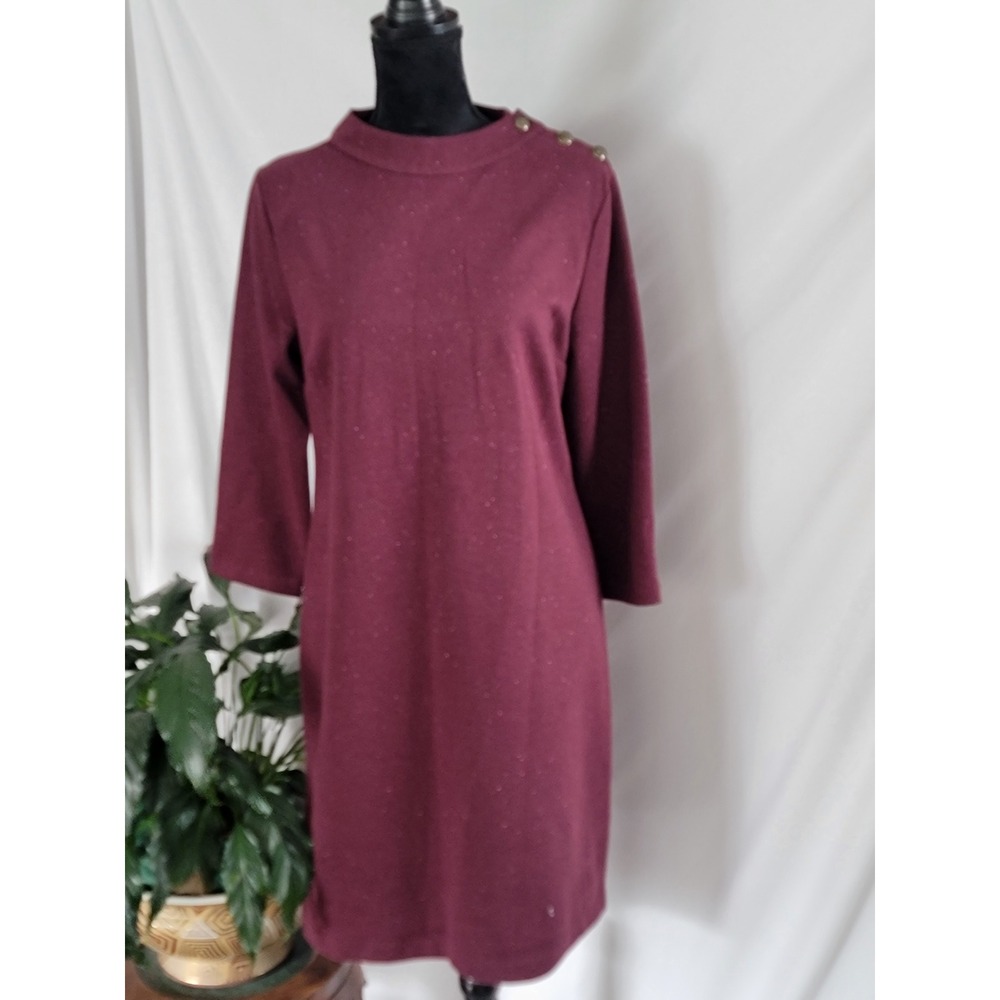 Talbots Burgundy Metallic Knit Mock Neck Shift Dress Gold Button‎ Detail Size M